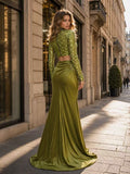 Elara Olive Sequin Crop Top and Satin Maxi Skirt Set