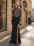 Black Rhinestone Mesh Long Sleeve Mermaid Evening Gown High Slit Formal Party Maxi Dress