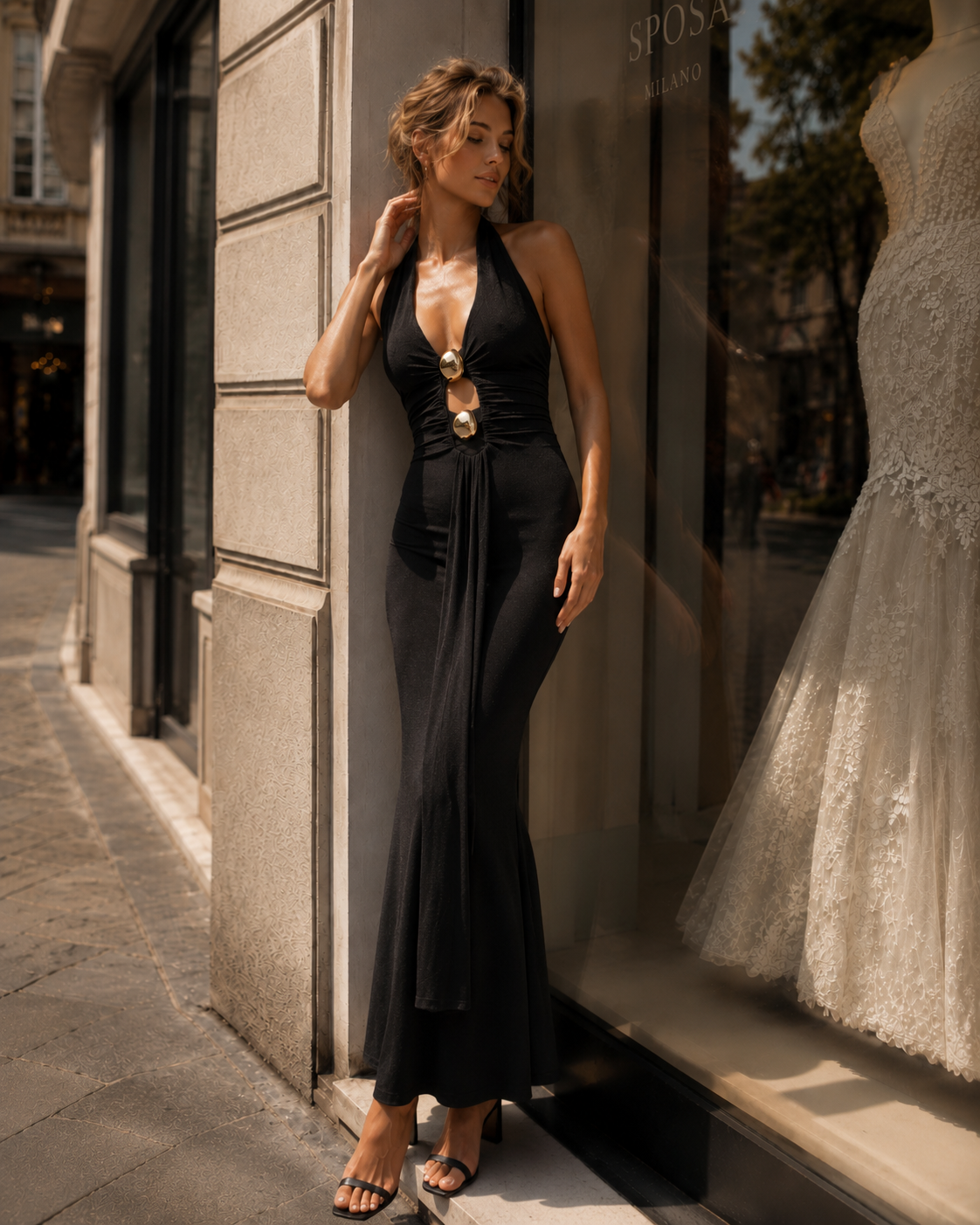 Black Gold Cutout Halter Mermaid Maxi Dress