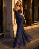 Celeste Navy Sequin Corset Mermaid Gown