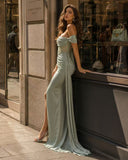 Isadora Sage Off-Shoulder Corset Maxi Gown