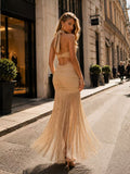 Valentina Champagne Halter Fringe Maxi Dress