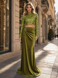 Elara Olive Sequin Crop Top and Satin Maxi Skirt Set
