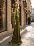 Elara Olive Sequin Crop Top and Satin Maxi Skirt Set