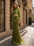 Elara Olive Sequin Crop Top and Satin Maxi Skirt Set