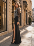Black Rhinestone Mesh Long Sleeve Mermaid Evening Gown High Slit Formal Party Maxi Dress