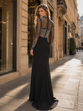 Black Rhinestone Mesh Long Sleeve Mermaid Evening Gown High Slit Formal Party Maxi Dress