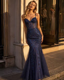 Celeste Navy Sequin Corset Mermaid Gown